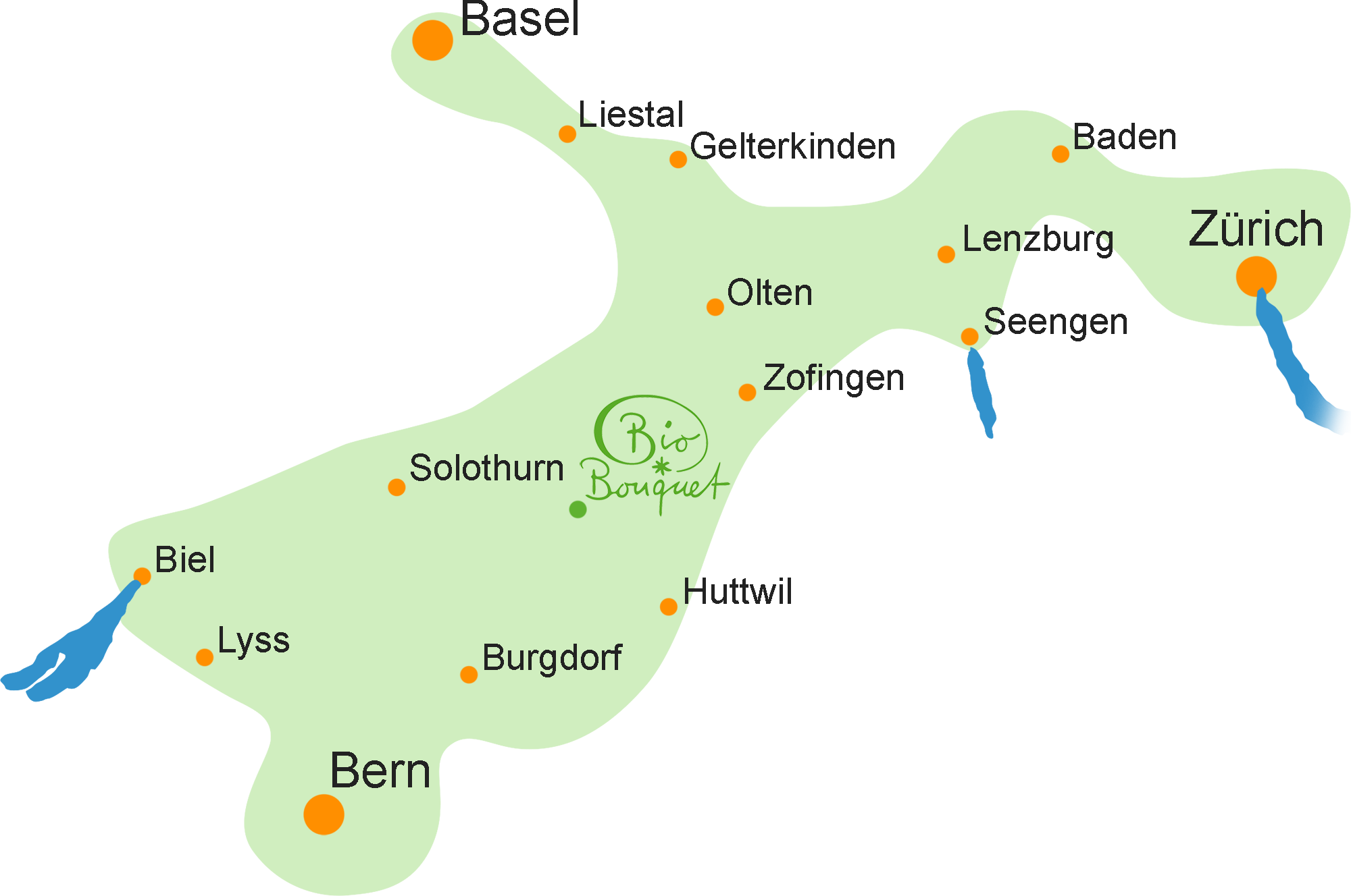 Das Liefergebiet von Biobouquet zwischen Bern, Biel, Basel, Olten und Lenzburg.
